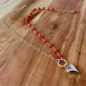 Red Coral Heart Charm Necklace, Sterling Silver Heart Chain Necklace